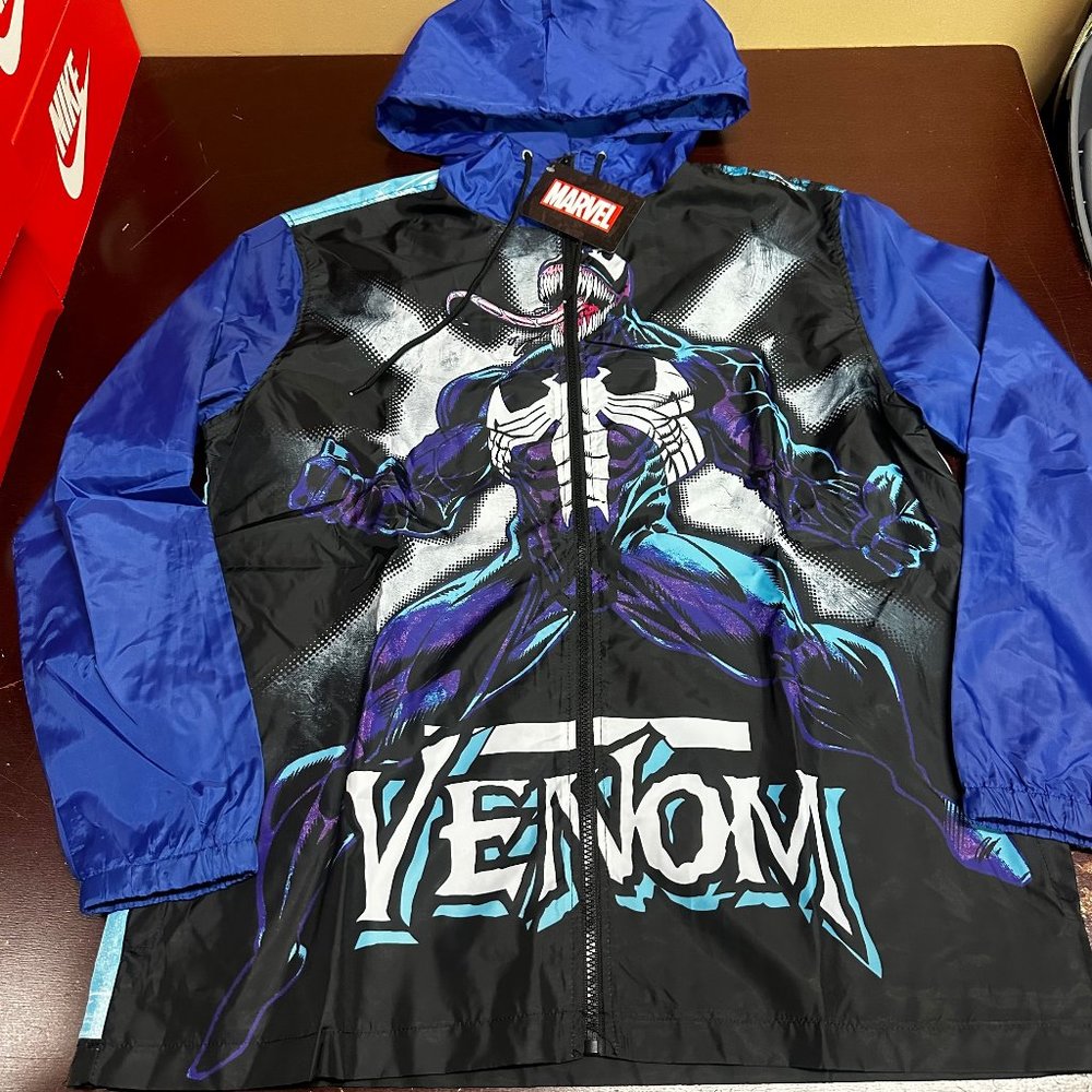 Marvel Mens Black Blue Venom Graphic Long Sleeve Full Zip Hooded Jacket Size L